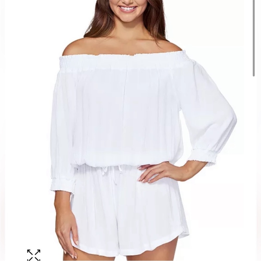Raisins West Coast Off-The-Shoulder Romper Cover-Up Swim Size Medium‎ White NEW